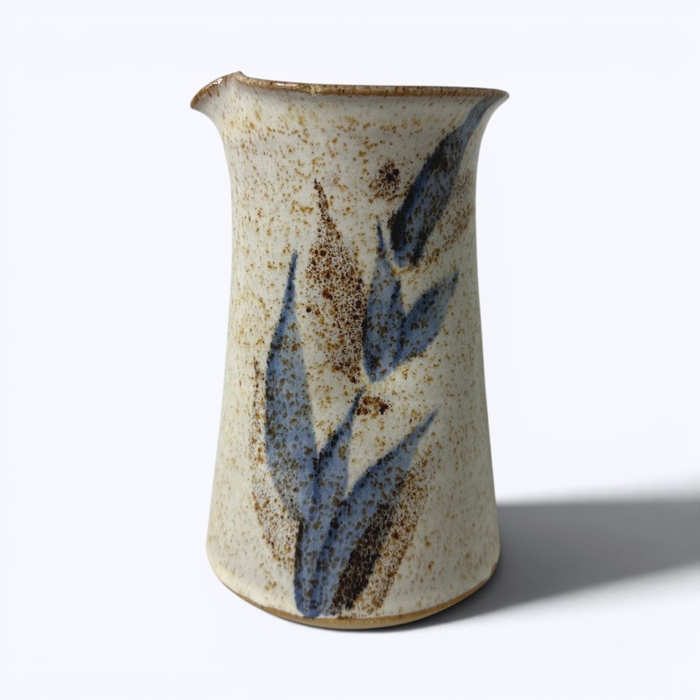 Studio Pottery Vase Signed Wings Pitcher Speckled Glaze Blue Floral Stoneware 6"
